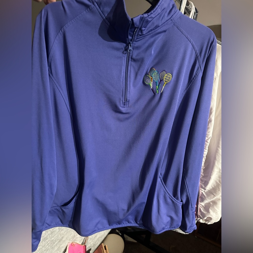 Blue Quarter-Zip Pullover with Tennis Racket Design